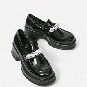 Faux Patent leather Pearl Detail Loafers